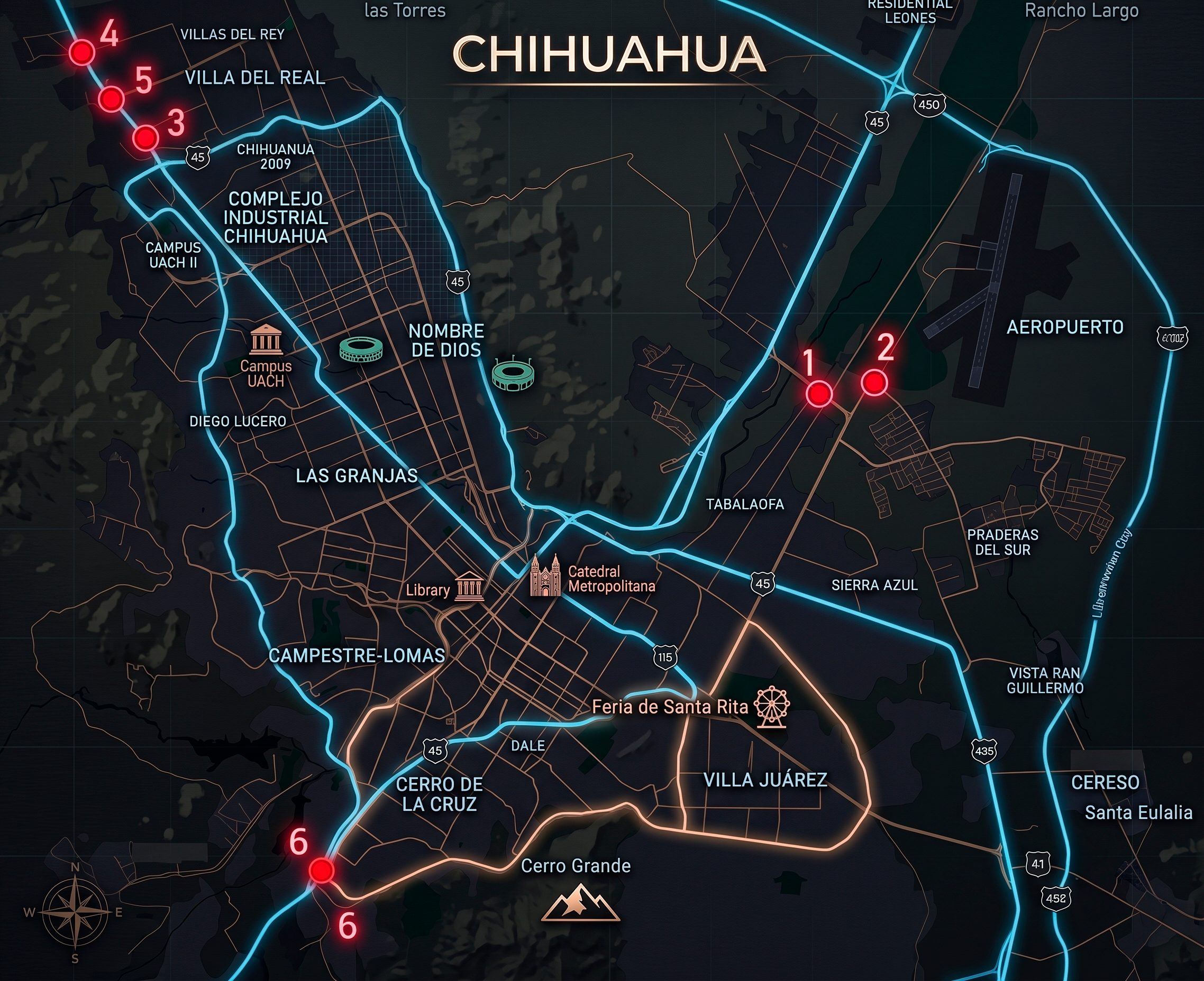 Mapa de Chihuahua con la ubicación de los 6 pasos a desnivel